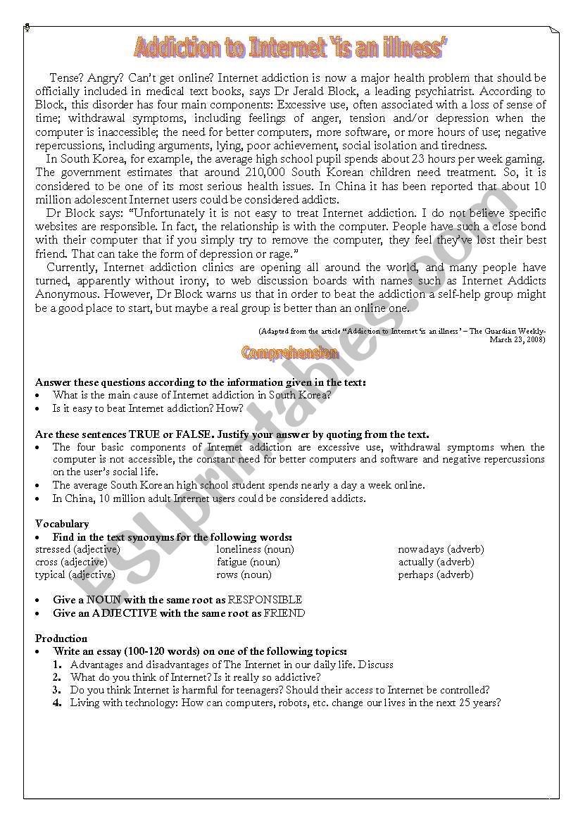 Text:: ADDICTION TO THE INTERNET `IS AN ILLNESSÂ´ 